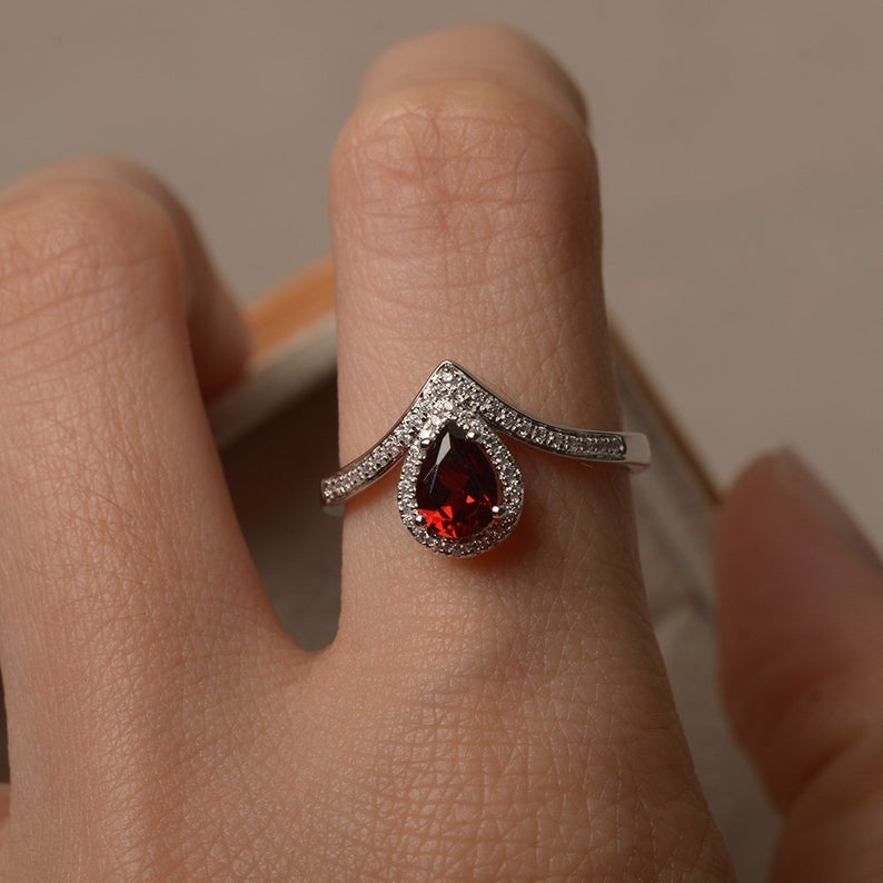 2.75 Ct Pear Cut Red Garnet January Birthstone Halo Ring In 925 Sterling Silver