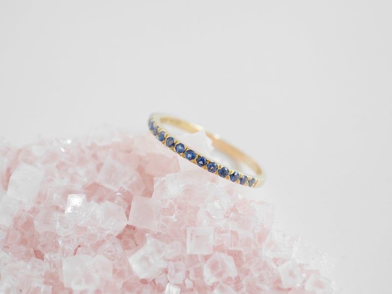 1 CT Round Cut Blue Sapphire Diamond 925 Sterling Silver Half Eternity Band Ring