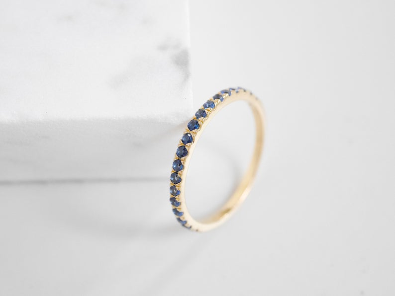 1 CT Round Cut Blue Sapphire Diamond 925 Sterling Silver Half Eternity Band Ring