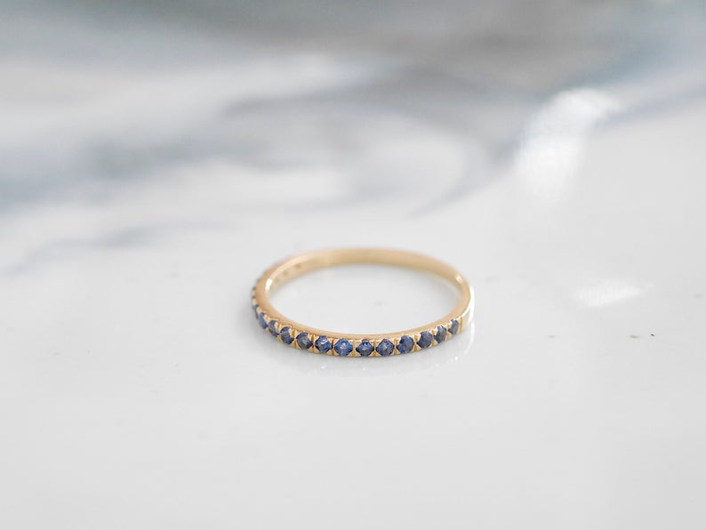 1 CT Round Cut Blue Sapphire Diamond 925 Sterling Silver Half Eternity Band Ring