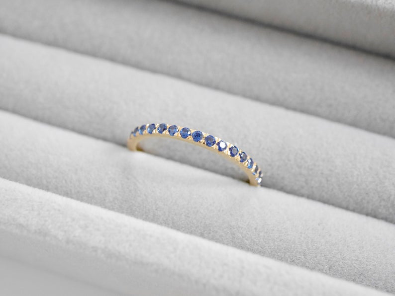 1 CT Round Cut Blue Sapphire Diamond 925 Sterling Silver Half Eternity Band Ring