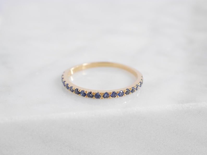 1 CT Round Cut Blue Sapphire Diamond 925 Sterling Silver Half Eternity Band Ring