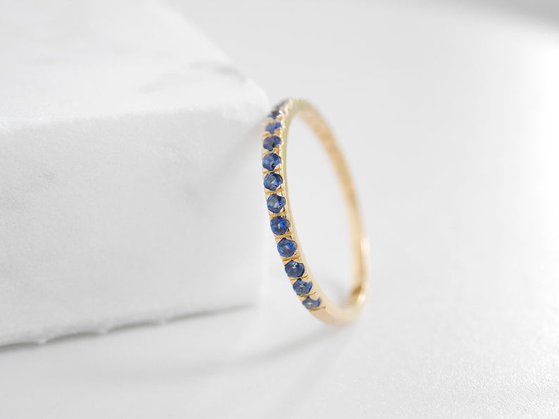 1 CT Round Cut Blue Sapphire Diamond 925 Sterling Silver Half Eternity Band Ring