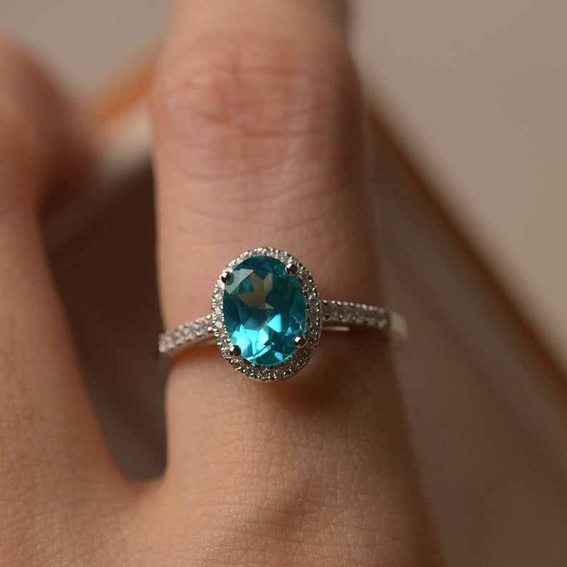 2.25 Ct Oval Cut Blue Topaz 925 Sterling Silver Halo Engagement Wedding Ring