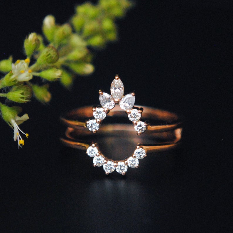 Diamond Insert Guard Ring 1.30 Carats TW Tiara Design 14K Gold, - Ruby Lane