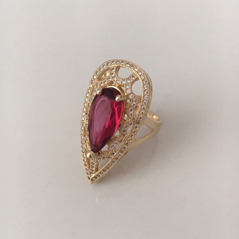 3.25 Ct Pear Cut Red Ruby Yellow Gold Over On 925 Sterling Silver Pear Shape Unique Ring