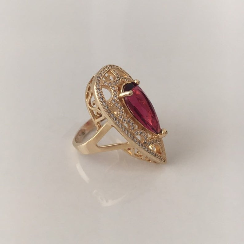 3.25 Ct Pear Cut Red Ruby Yellow Gold Over On 925 Sterling Silver Pear Shape Unique Ring