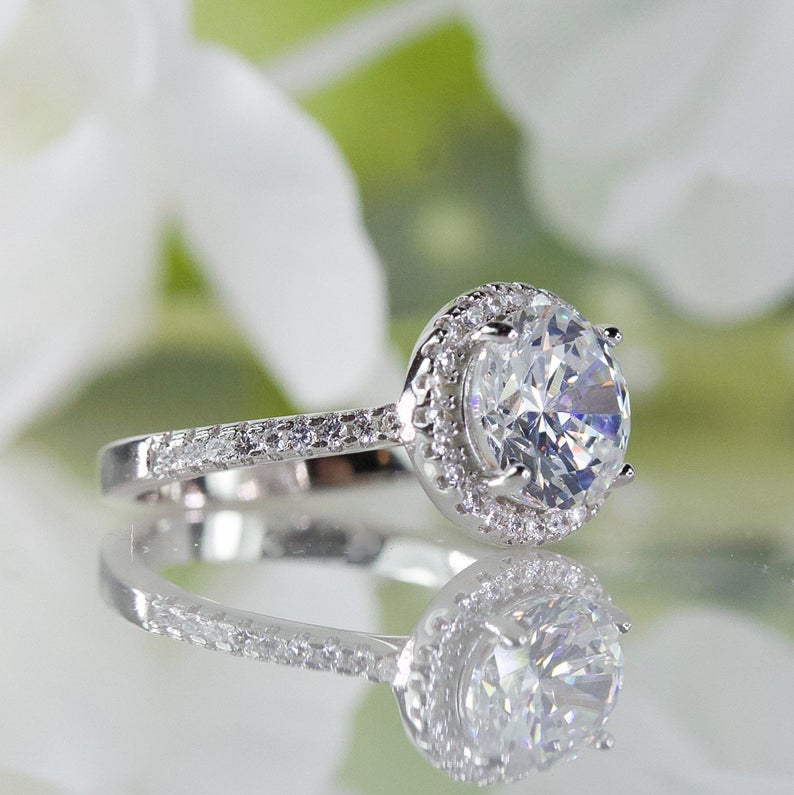 1 CT Round Cut White CZ Diamond White Gold Over On 925 Sterling Silver Halo Bridal Ring Set