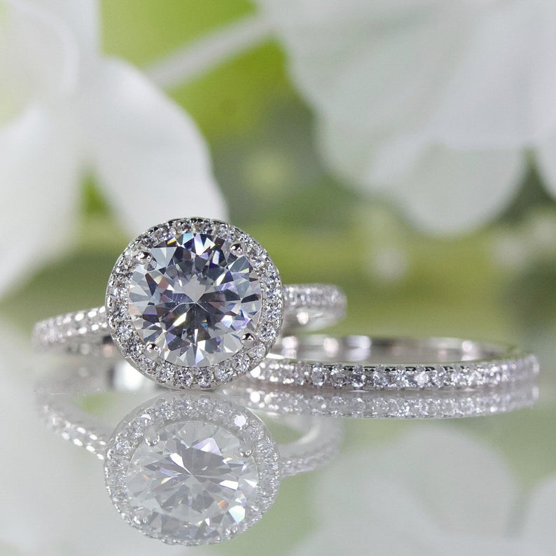 1 CT Round Cut White CZ Diamond White Gold Over On 925 Sterling Silver Halo Bridal Ring Set
