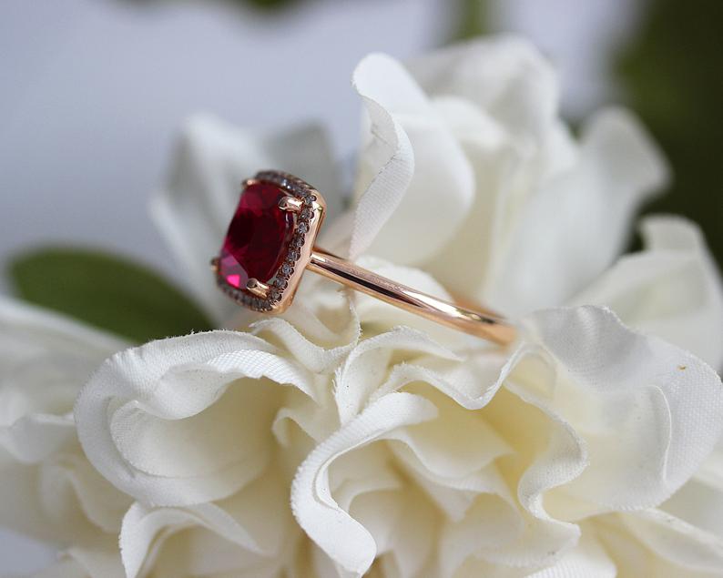 2 CT Cushion Cut Ruby Diamond 925 Sterling Silver Halo Women's Wedding Ring