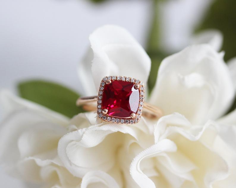 2 CT Cushion Cut Ruby Diamond 925 Sterling Silver Halo Women's Wedding Ring