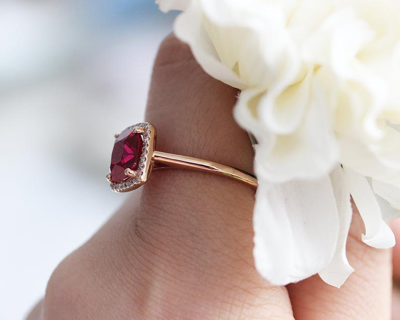2 CT Cushion Cut Ruby Diamond 925 Sterling Silver Halo Women's Wedding Ring