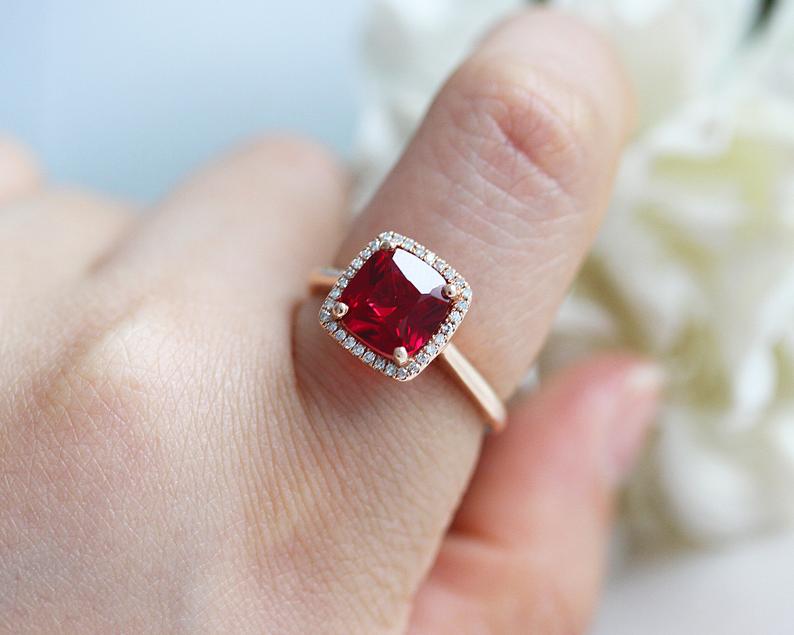 2 CT Cushion Cut Ruby Diamond 925 Sterling Silver Halo Women's Wedding Ring