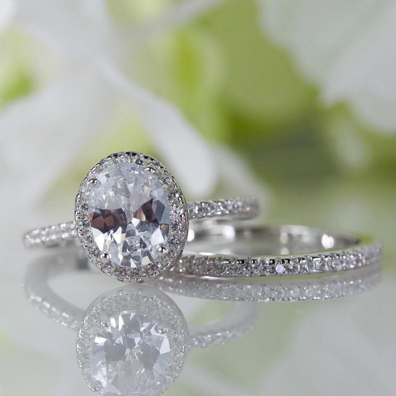 1 CT Oval Cut White Diamond Halo Bridal Ring Set White Gold Over On 925 Sterling Silver