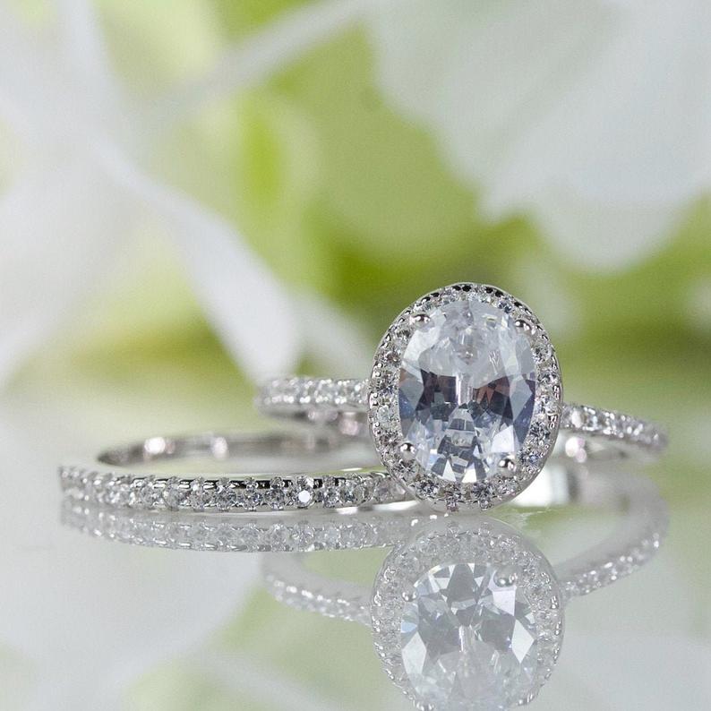 1 CT Oval Cut White Diamond Halo Bridal Ring Set White Gold Over On 925 Sterling Silver