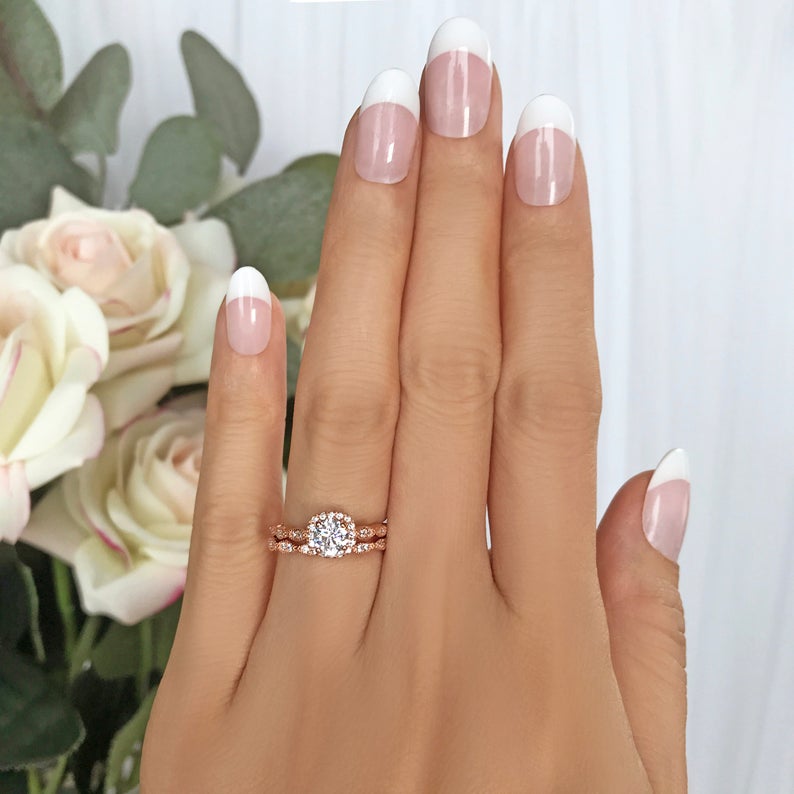1 CT Round Cut Diamond 925 Sterling Silver Halo Wedding Bridal Ring Set