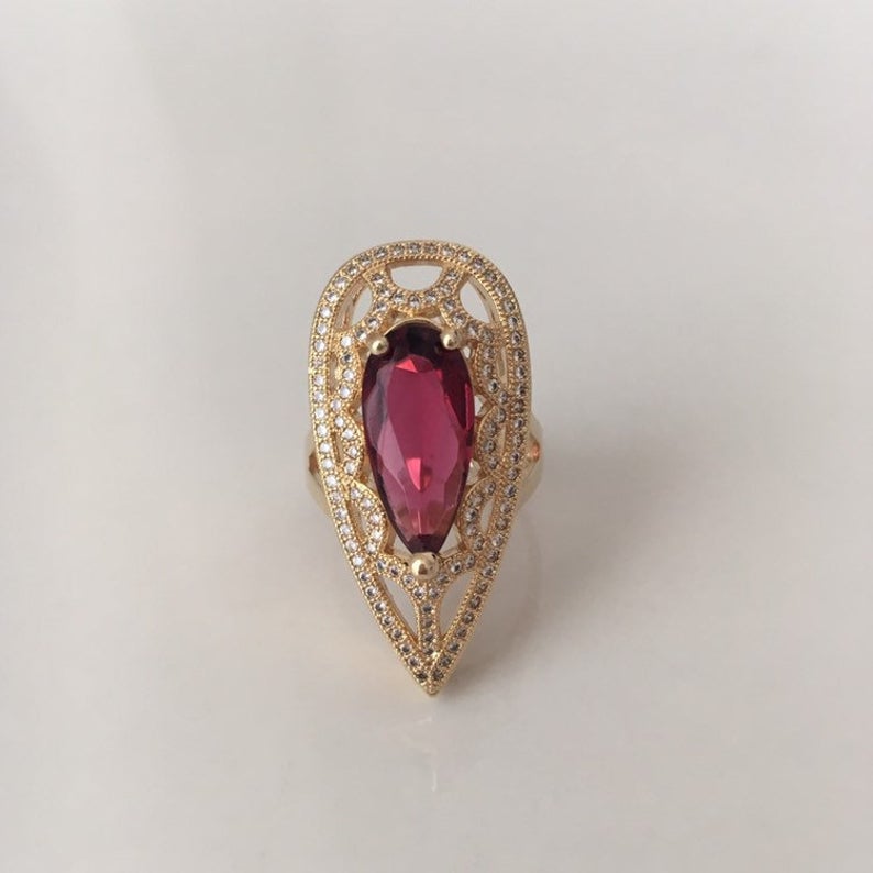 3.25 Ct Pear Cut Red Ruby Yellow Gold Over On 925 Sterling Silver Pear Shape Unique Ring