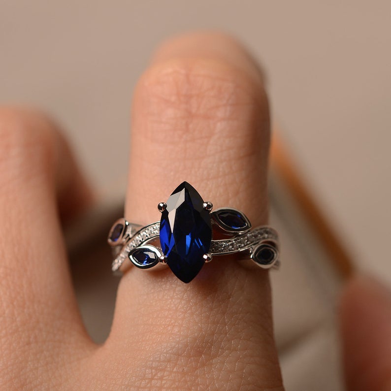 2.25 Ct Marquise Cut Blue Sapphire Unique Leaf Style September Ring In 925 Sterling Silver