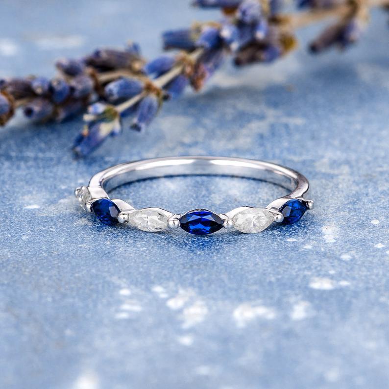 1.20 Ct Marquise Cut Blue Sapphire 925 Sterling Silver Half Eternity Promise Band Ring