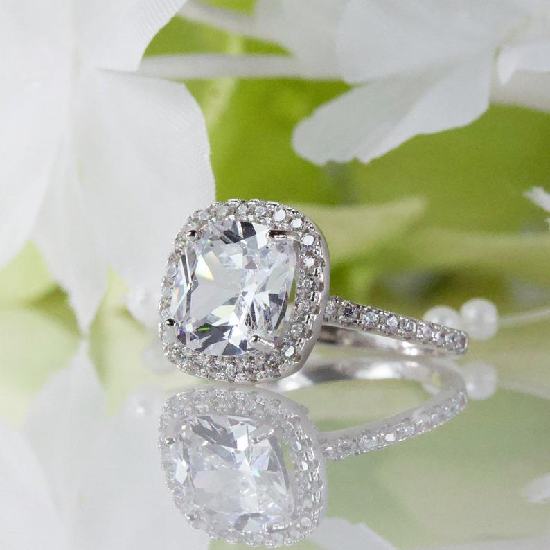 1 CT Cushion Cut White Topaz Diamond White Gold Over On 925 Sterling Silver Halo Promise Ring