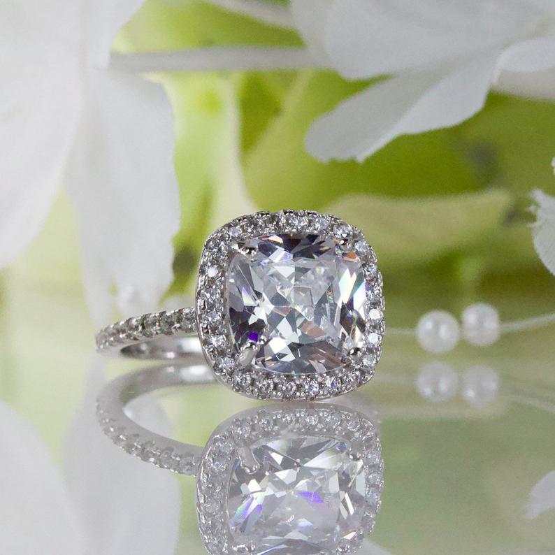 1 CT Cushion Cut White Topaz Diamond White Gold Over On 925 Sterling Silver Halo Promise Ring