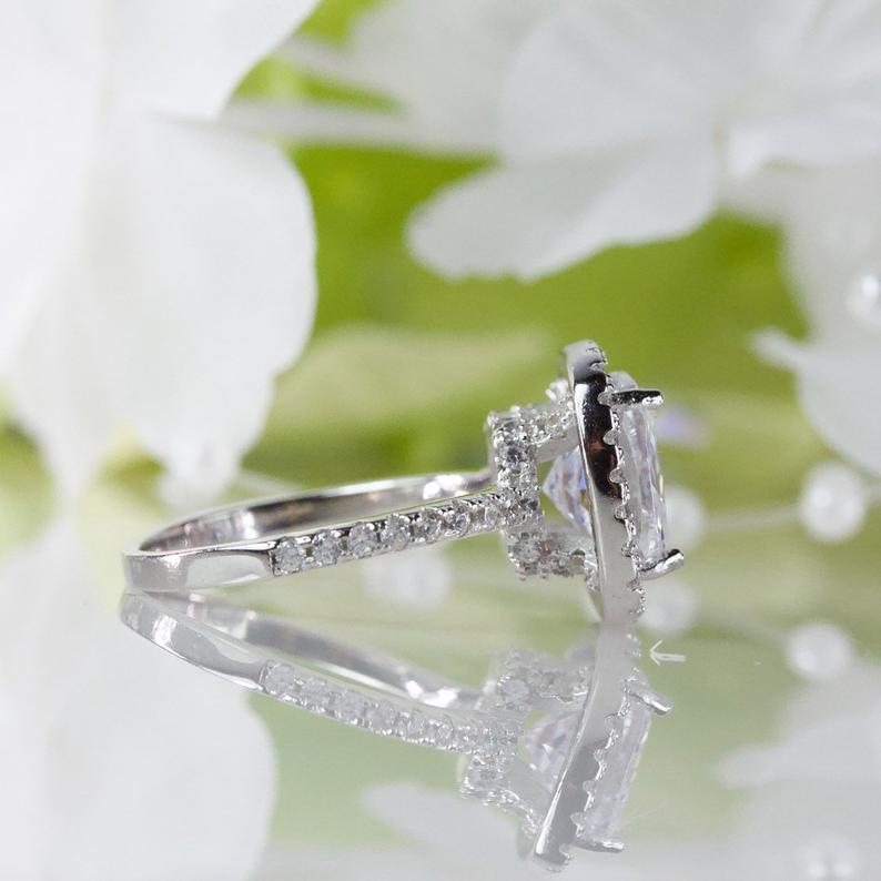 1 CT Cushion Cut White Topaz Diamond White Gold Over On 925 Sterling Silver Halo Promise Ring
