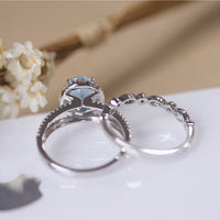 1 CT Oval Cut Aquamarine Diamond 925 Sterling Silver Halo Wedding Bridal Ring Set