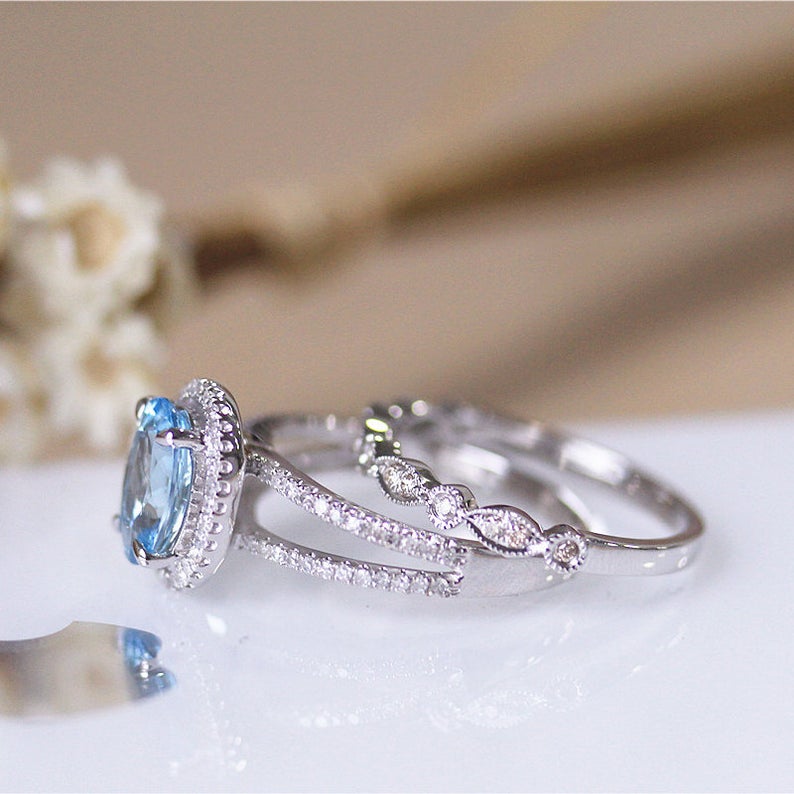 1 CT Oval Cut Aquamarine Diamond 925 Sterling Silver Halo Wedding Bridal Ring Set