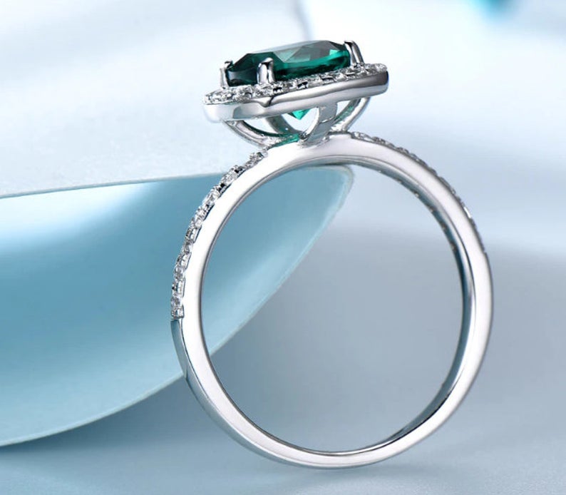 1 CT Cushion Cut Green Emerald Diamond White Gold Over On 925 Sterling Silver Halo Promise Ring