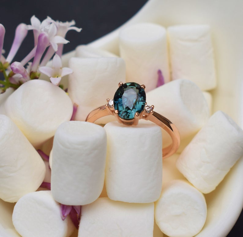 1 CT Oval Cut Blue sapphire Diamond Rose Gold Over On 925 Sterling Silver Three Stone Engagement Ring