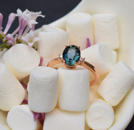 1 CT Oval Cut Blue sapphire Diamond Rose Gold Over On 925 Sterling Silver Three Stone Engagement Ring