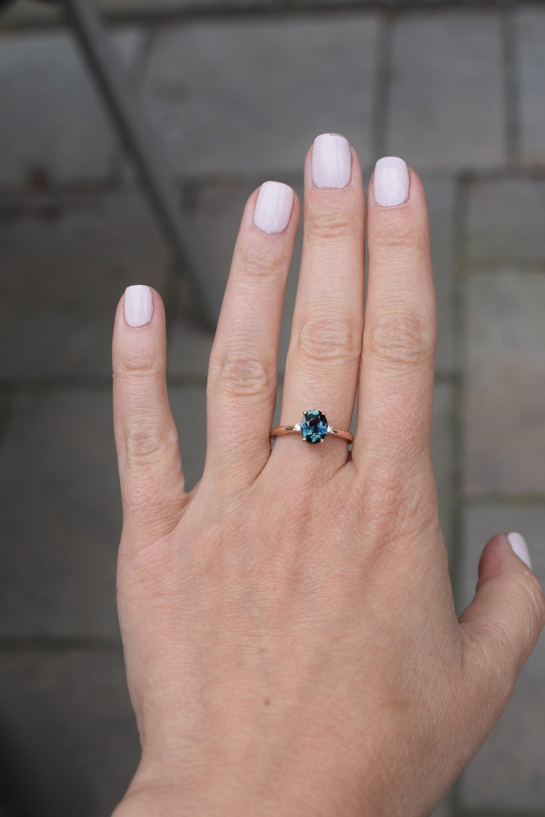 1 CT Oval Cut Blue sapphire Diamond Rose Gold Over On 925 Sterling Silver Three Stone Engagement Ring
