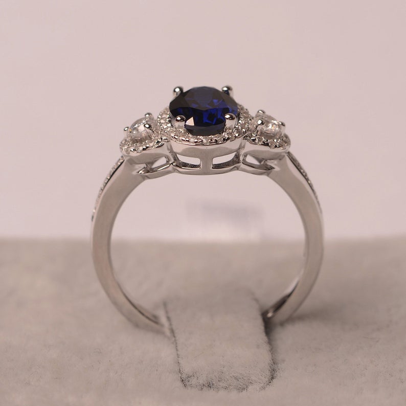 1 CT Oval Cut Blue Sapphire Diamond White Gold Over On 925 Sterling Silver Halo Engagement Ring for Women