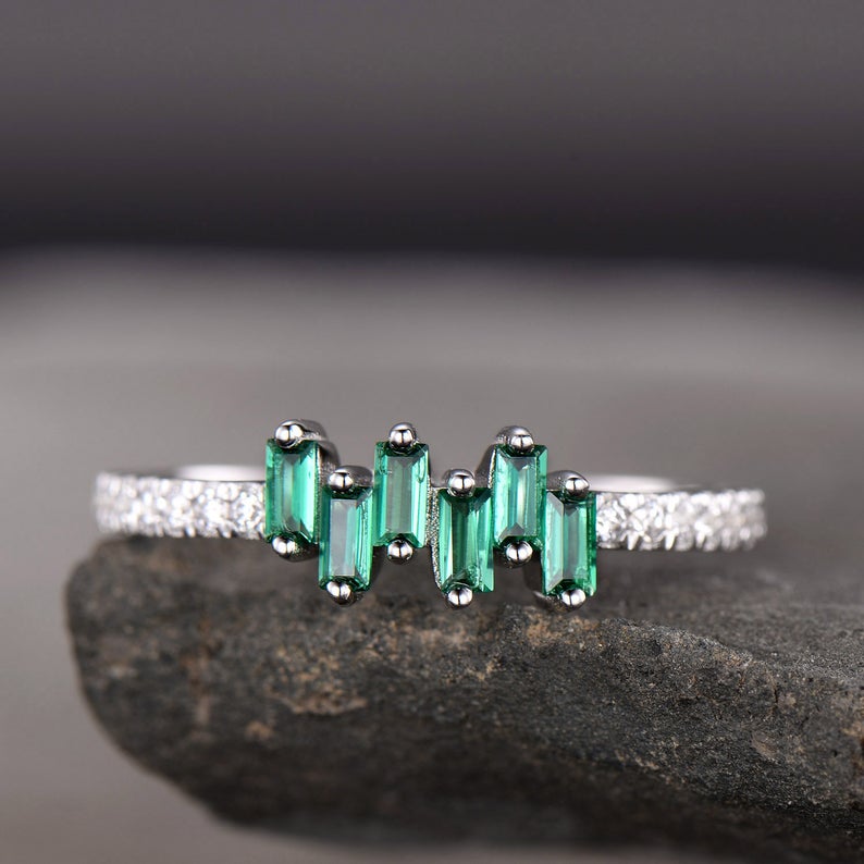 1.75 Ct Baguette Cut Green Emerald 925 Sterling Silver Cluster Half Eternity Band Ring
