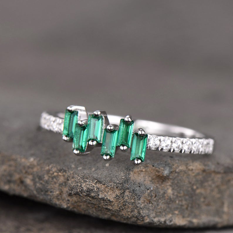 1.75 Ct Baguette Cut Green Emerald 925 Sterling Silver Cluster Half Eternity Band Ring