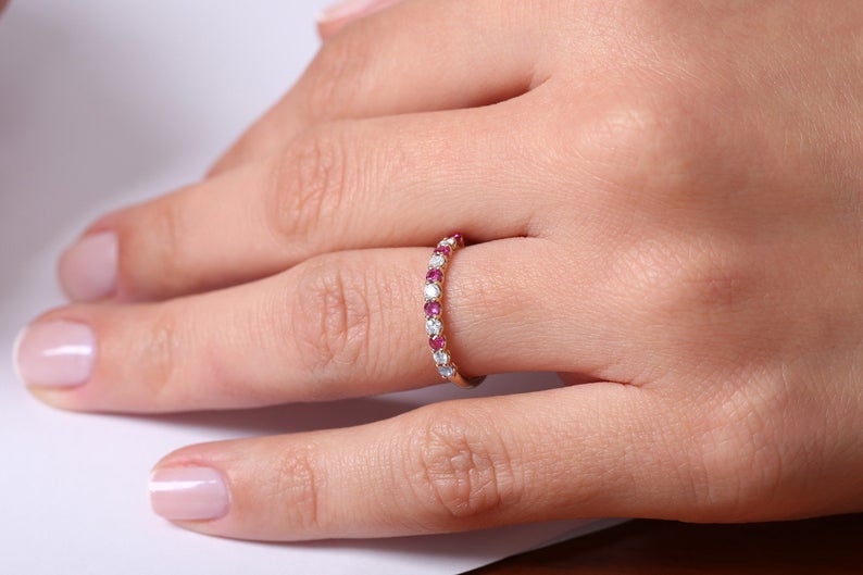 1 CT Round Cut Ruby Diamond 925 Sterling Silver Half Eternity Anniversary Band Ring