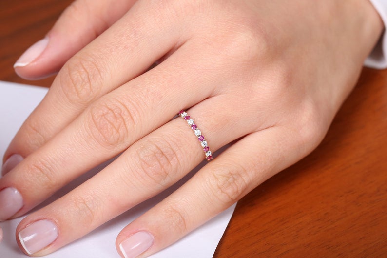 1 CT Round Cut Ruby Diamond 925 Sterling Silver Half Eternity Anniversary Band Ring