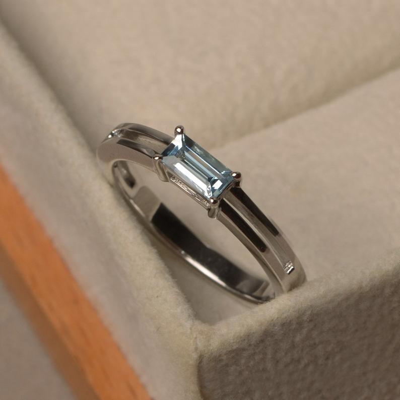 1.00 Ct Baguette Cut Aquamarine 925 Sterling Silver Split Shank Engagement Ring