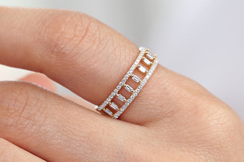 0.75 CT Baguette & Round Cut Diamond Yellow Gold Over On 925 Sterling Silver Wedding Band Ring