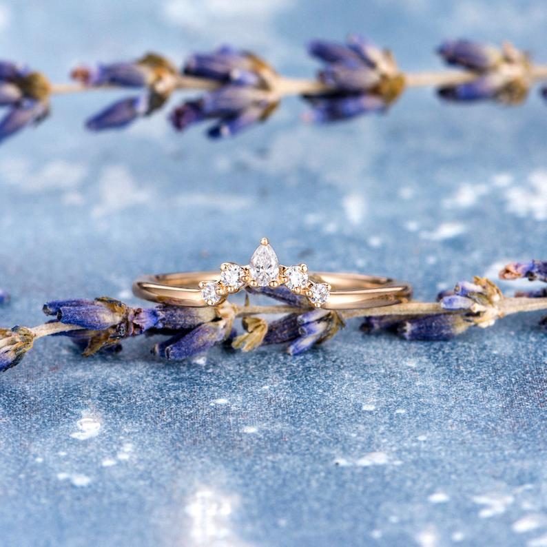 0.75 CT Pear Cut Diamond Rose Gold Over On 925 Sterling Silver Wedding Band Ring