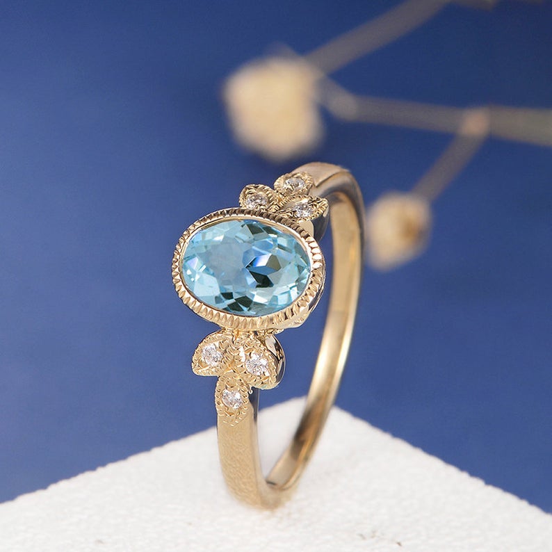 1.25 Ct Oval Cut Aquamarine Yellow Gold Over On 925 Sterling Silver Unique Anniversary gift Ring