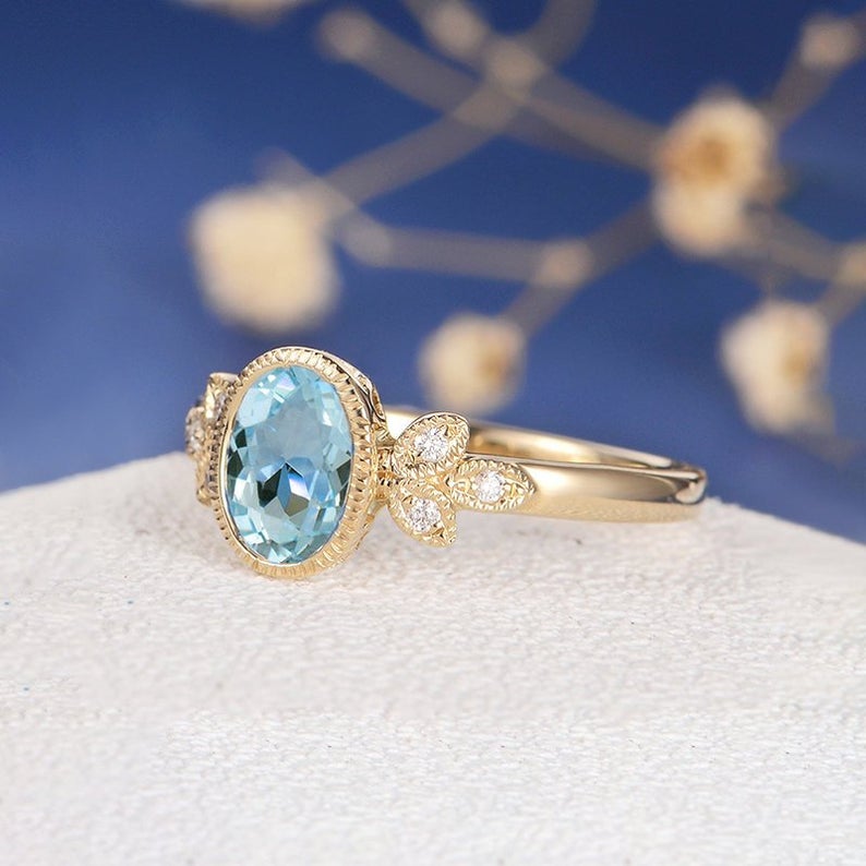 1.25 Ct Oval Cut Aquamarine Yellow Gold Over On 925 Sterling Silver Unique Anniversary gift Ring
