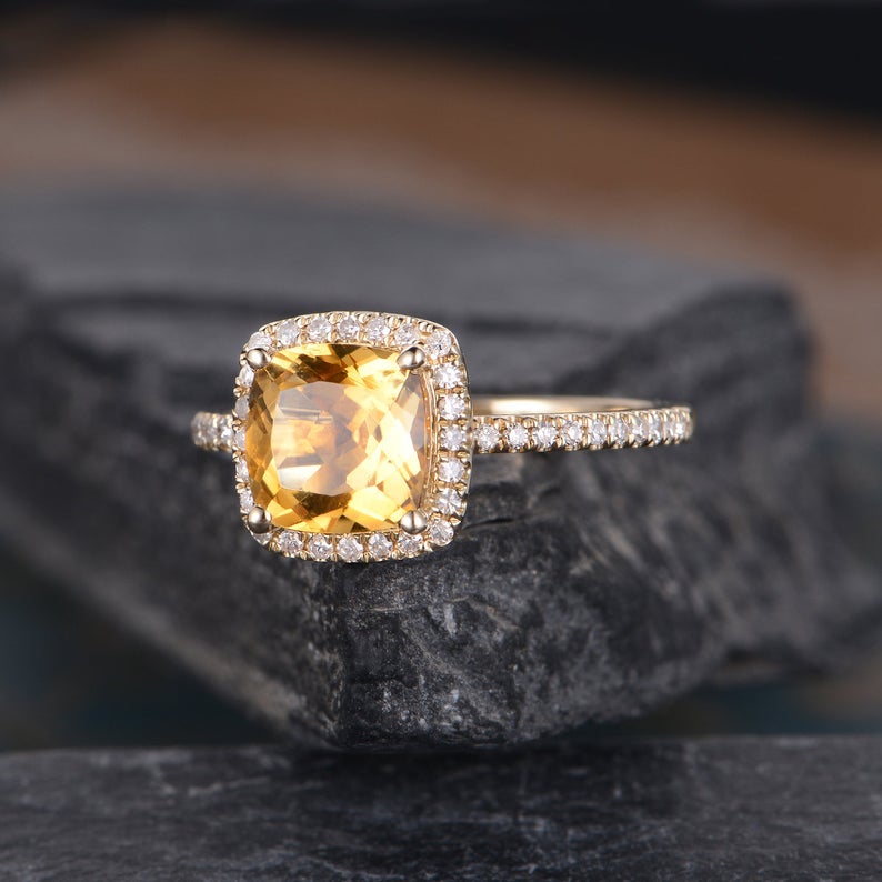 2.25 Ct Cushion Cut Yellow Citrine Yellow Gold Over On 925 Sterling Silver Halo Wedding Ring