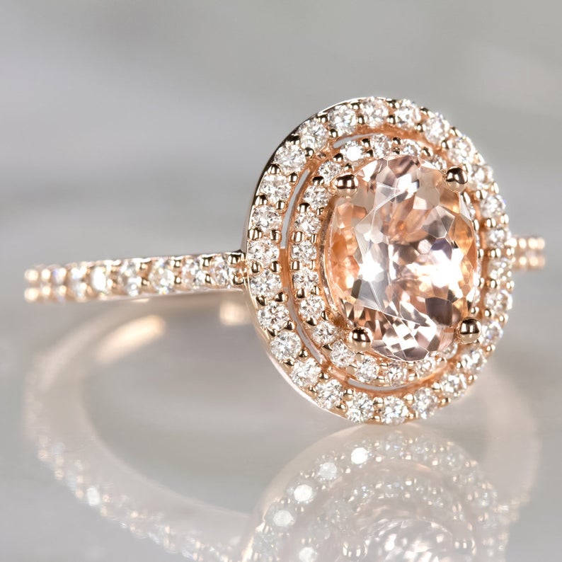 1 CT Oval Cut Morganite Diamond 925 Sterling Silver Double Halo Engagement Ring