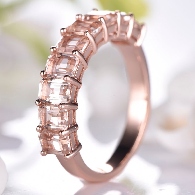 1 CT Emerald Cut Morganite Diamond Rose Gold Over On 925 Sterling Silver Half Eternity Band Ring