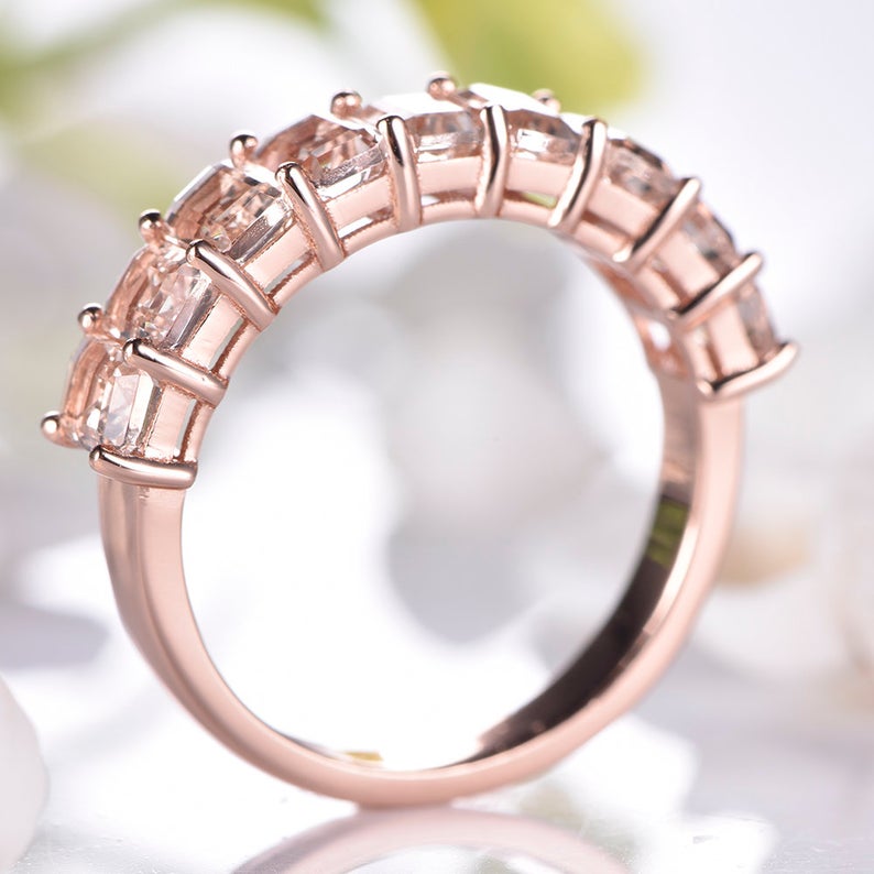 2 CT Emerald Cut Morganite Diamond Women Anniversary Half Eternity Band Ring