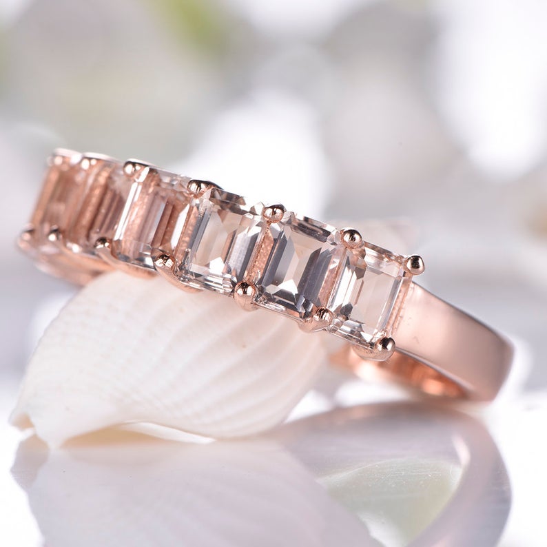 1 CT Emerald Cut Morganite Diamond Rose Gold Over On 925 Sterling Silver Half Eternity Band Ring