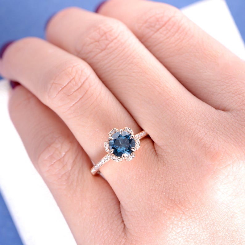 1 CT London Blue Topaz Diamond 925 Sterling Silver Women Halo Floral Engagement Ring