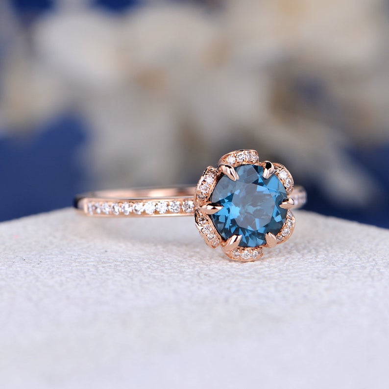 1 CT London Blue Topaz Diamond 925 Sterling Silver Women Halo Floral Engagement Ring