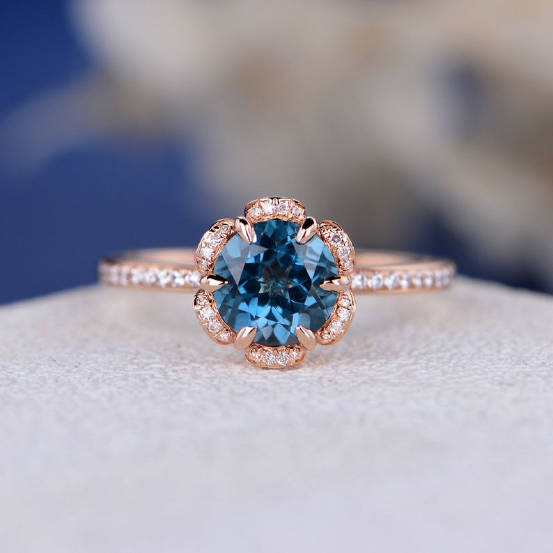 1 CT London Blue Topaz Diamond 925 Sterling Silver Women Halo Floral Engagement Ring